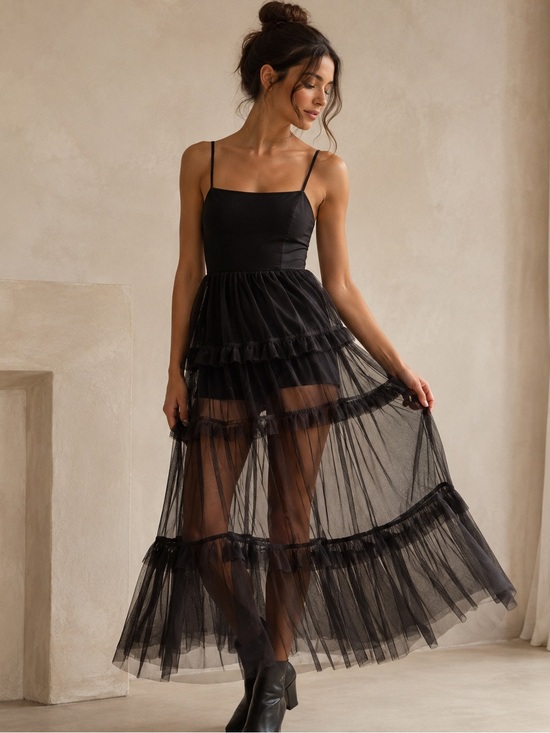 Anthropologie Dresses & Skirts - Maeve Anthropologie Black Sheer Tiered Tulle Maxi Dress Size S NWT